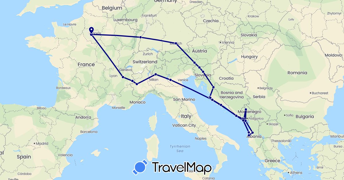 TravelMap itinerary: driving in Albania, Austria, Germany, France, Croatia, Italy, Montenegro, Slovenia (Europe)